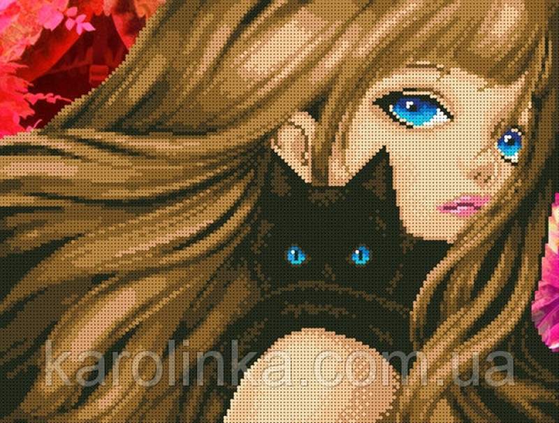 Девушка с котиком - Основа для вышивки бисером